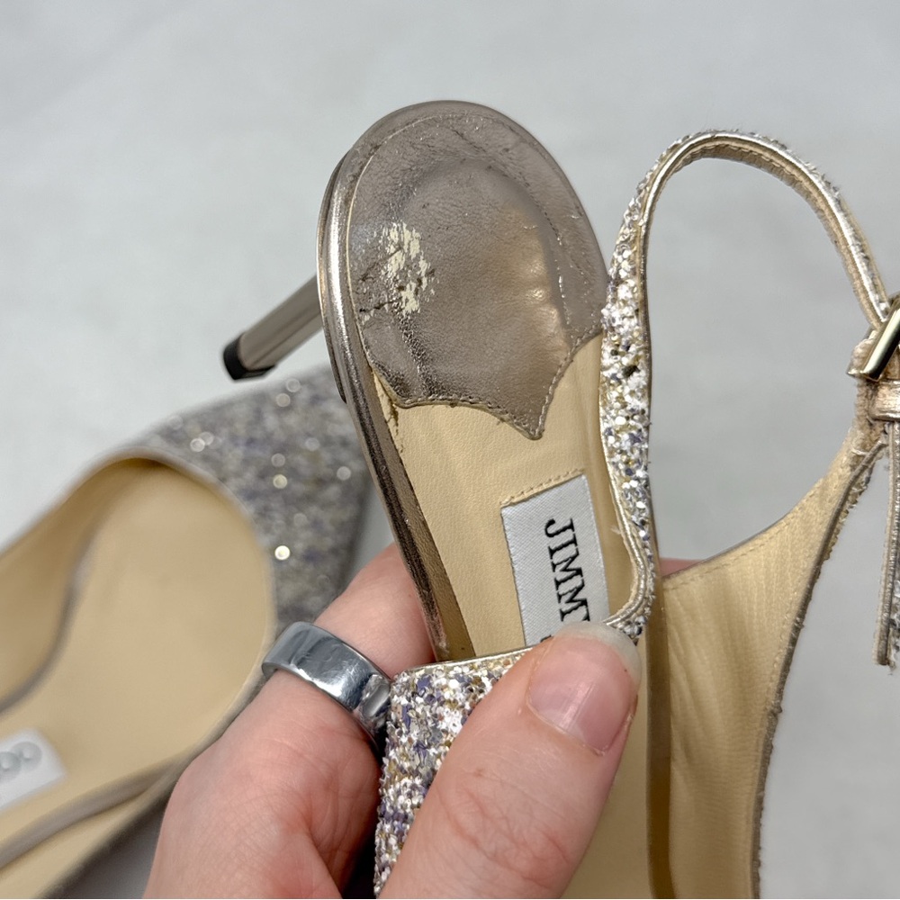 Jimmy Choo Erin 60 Platinum Glitter Pointed Toe Slingback Kitten Heel Pumps 38 - Picture 10 of 16